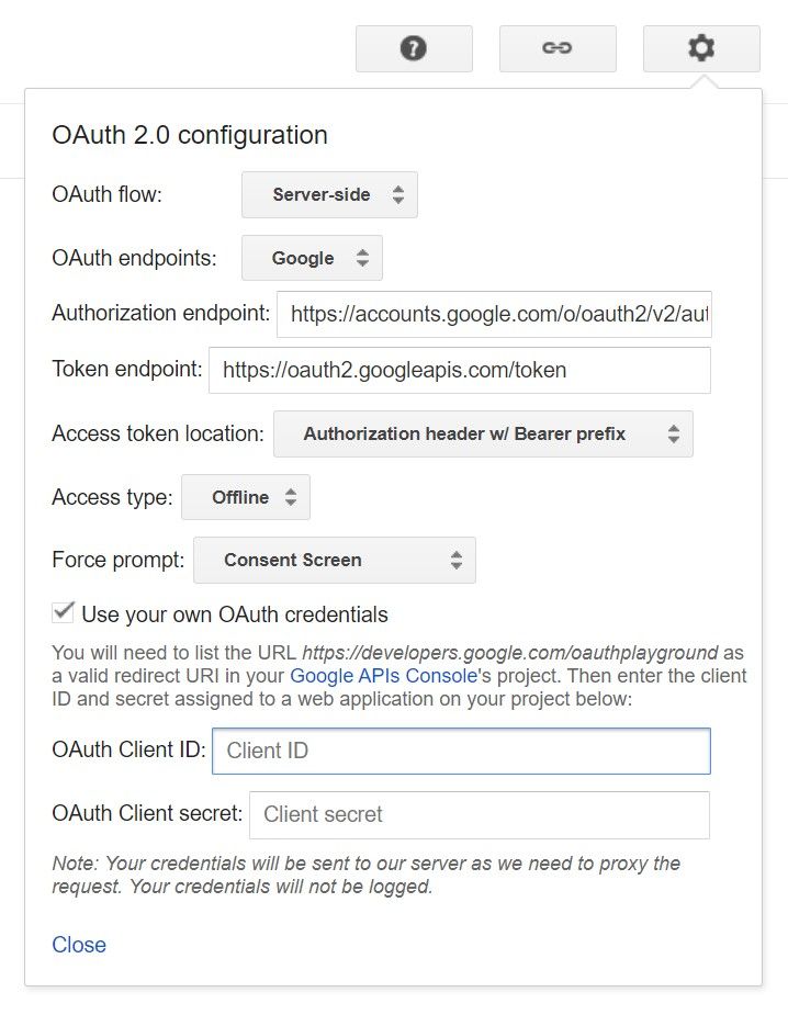 Google OAuth 2.0 Playground configuration settings with options for OAuth flow and client credentials.